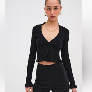 For Love & Lemons Lace Trim Ribbed Knit Fitted Cardigan Sweater Top Black Large